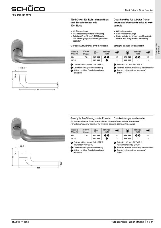 Schüco TUERDRUECKER LOCHTEIL 10mm Hochhaltefeder Alu natur Rose