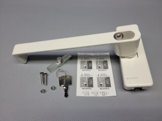 Schüco ROYAL S/AWS P-SCHIEBEKIPP HANDHEBEL abs. links drehend RAL9010 cremeweiß Nr. 277799 mit Lagerungsspuren
