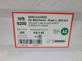 Zylinder Blechschraube 4,8 x 42mm  A2 (DIN 912) 200 Stück
