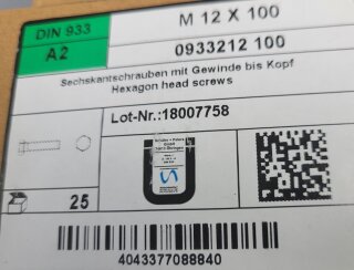 Sechskantschrauben mit Vollgewinde  M12 x 100 (DIN 933) A2 25 Stück