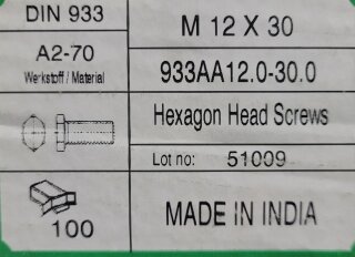 Sechskantschrauben mit Vollgewinde  M12 x 30 (DIN 933) A2 100 Stück