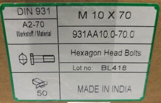 Sechskantschrauben mit Teilgewinde M10 x 70 (DIN 931) A2 50 Stück