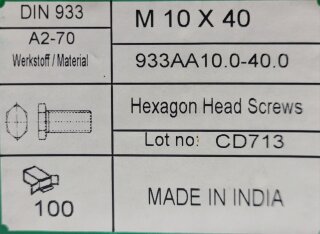 Sechskantschrauben mit Vollgewinde M10 x 40 (DIN 933) A2 100 Stück