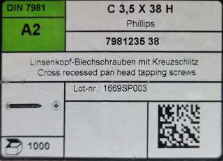 Linsenkopf Blechschraube C 3,5 x 38 H A2 (DIN 7981) 1000 Stück