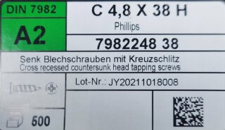 Senk - Blechschraube C 4,8 x 38 H A2 (DIN 7982) 500 Stück
