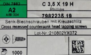 Senkkopf Blechschraube C 3,5 x 19 H A2 (DIN 7982) 1000 Stück