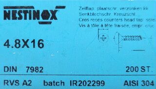 Senk - Blechschraube 4,8 x 16  A2 (DIN 7982) 200 Stück