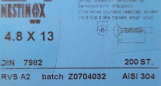 Senk - Blechschraube 4,8 x 13  A2 (DIN 7982) 200 Stück