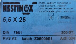 Linsen Blechschraube C 5,5 x 25  A2 (DIN 7981) 200 Stück